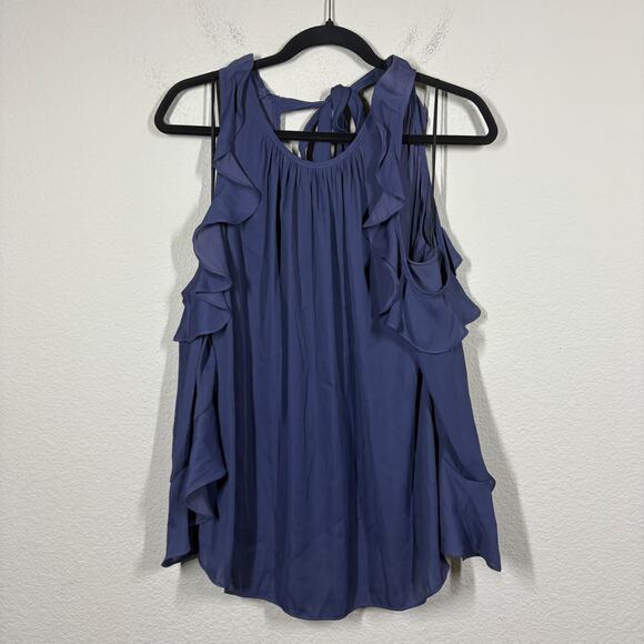 Alice & Trixie Medium Crepe Cold Shoulder Blouse Navy Ruffle Tie Back - Picture 1 of 9
